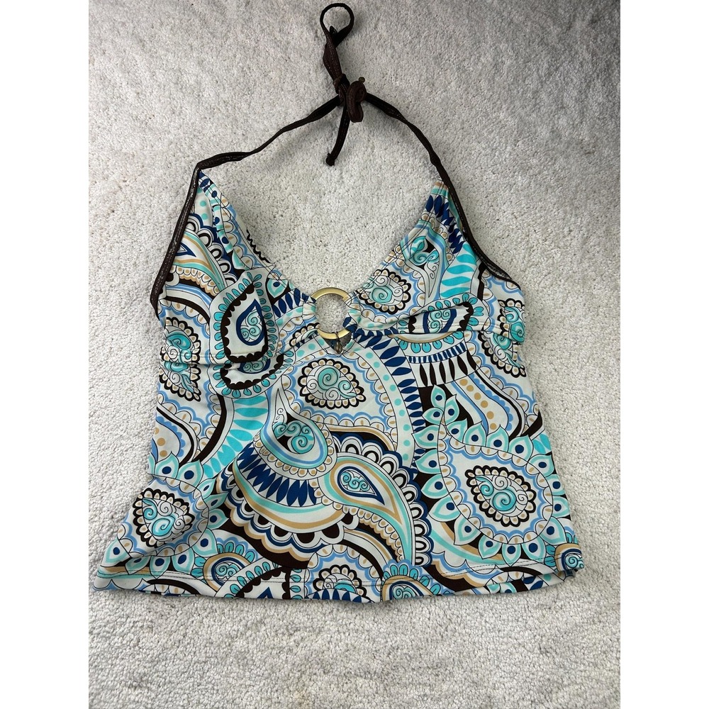 Sand N Sun Tankini Swimsuit Womens Medium Brown Blue Halter‎ Paisley Boho Top